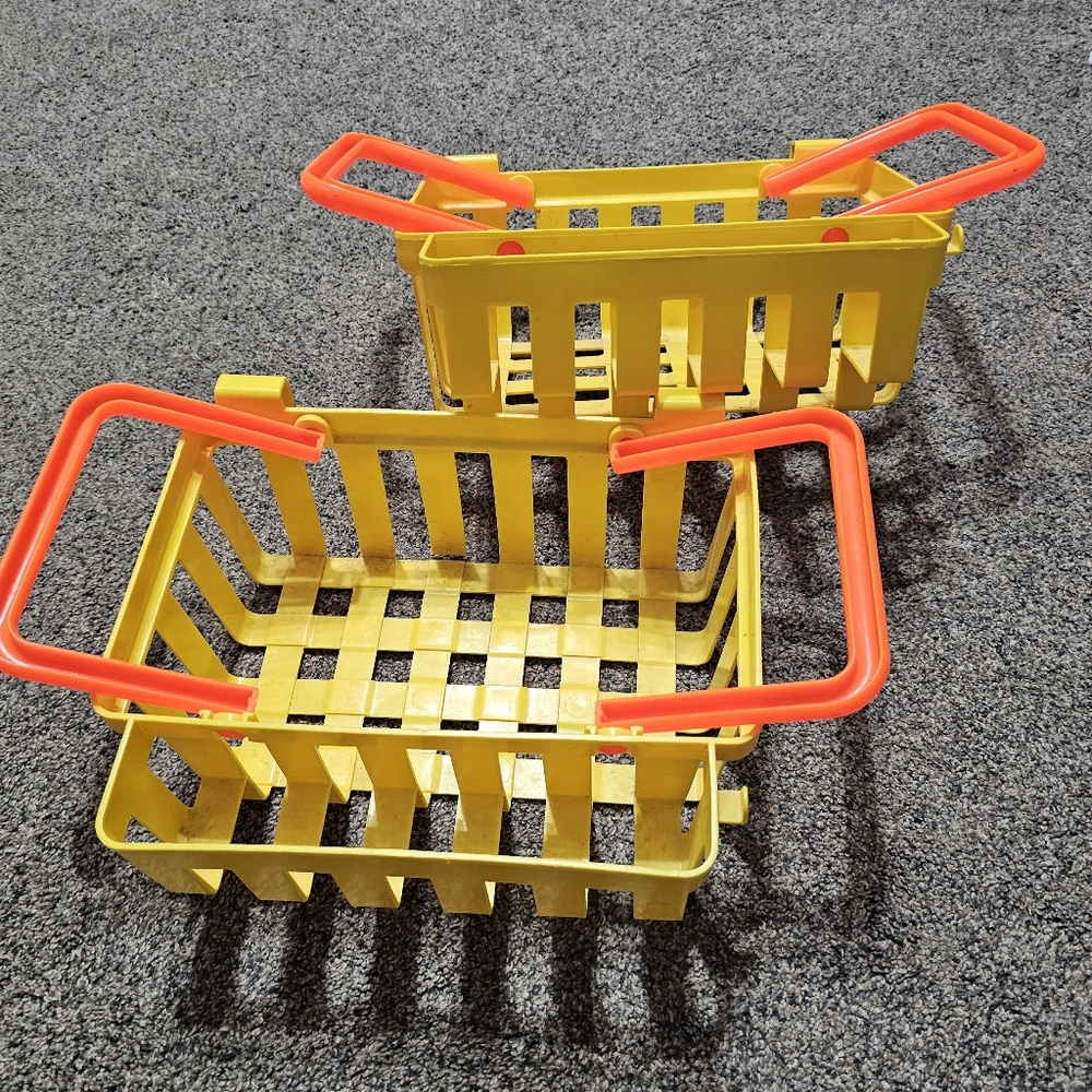 2 Vintage Fisher Price Fun with Food DELUXE GROCERY SHOPPING BASKET Yellow Rare!